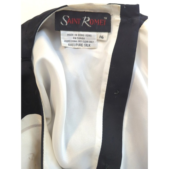 Vintage Saint ROMEI 100% Silk Dress 16 Black White Wing Sleeves Hong Kong Artsy - Picture 4 of 16